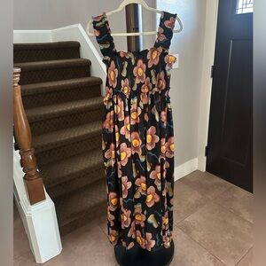 Dark Floral Print Silk Maxi Dress w Thick Straps